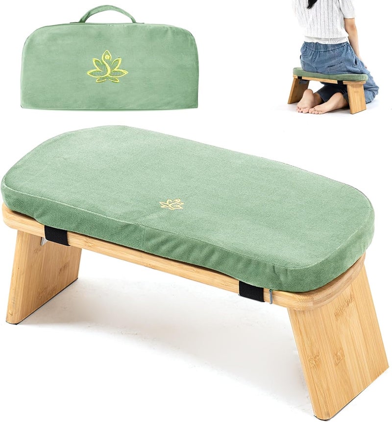 Estleys Meditation Bench, Bamboo Meditation Stool, Folding Kneeling Meditation Bench, Seiza Prayer Bench, Prayer Bench with Meditation Cushion, Kneeling Stool (Green & Bag) - Image 1